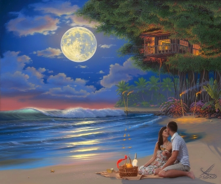 Moonlit Picnic in Paradise - summer, attractions in dreams, paintings, beaches, picnic, moons, nature, paradise, couple, love four seasons, lovers