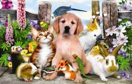 Good companions - howard robinson, cat, summer, pet, bunny, pisica, caine, art, dog, parrot, luminos, birs, guinea pig, garden, flower