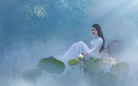 Morning mist - lotus, flower, fantasy, morning mist, luminos, girl, asian