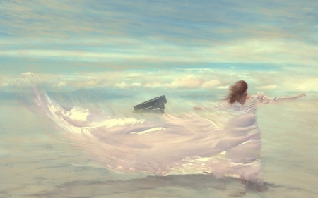 Piano in the wind - piano, blue, girl, pictura, wind, white, painting, art, luminos