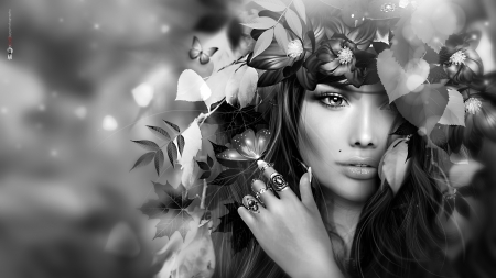 Black and white - Leaves, Wreath, Ring, Flowers