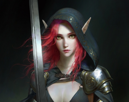 Elf girl - warrior, girl, sword, armor, elf, frumusete, fantasy, redhead, kongjian bo, art, luminos