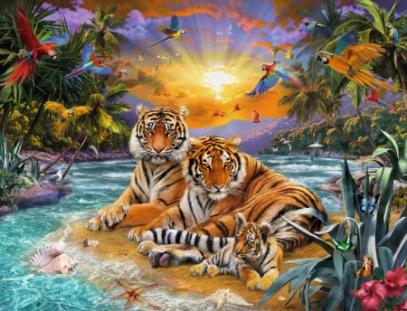 Tigers - fantasy, cub, tiger, luminos, family