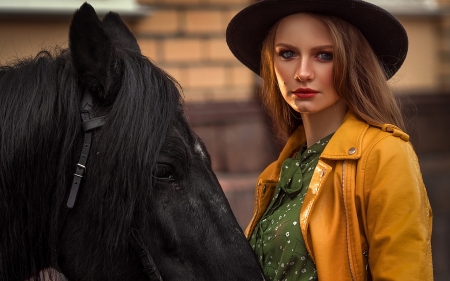 Beauty - hat, black, woman, model, girl, orange, horse