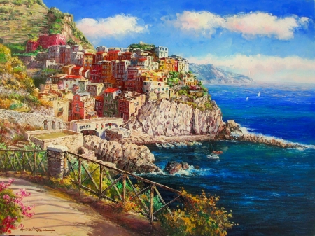 Manarola - village, coast, Italy, view, painting, Manarola, sea, art