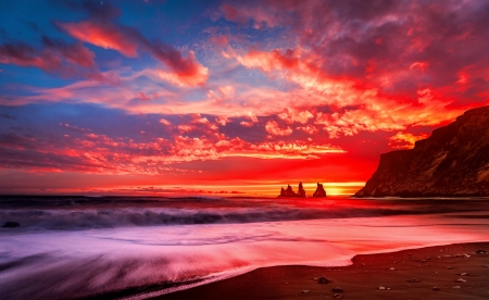 Fiery sunset - sunset, coast, beautiful, sea, fiery, ocean, sky