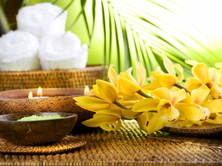 Still Life - Orchids, Candles, Towels, Leaves, Yellow, Flowers