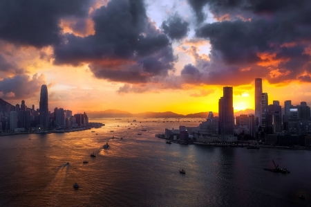 Hong Kong sunset - fun, sunset, nature, Hong Kong, skyscrapers, ocean, cool