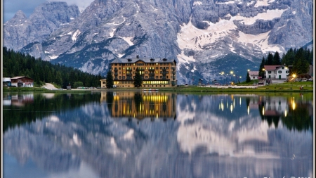 House Near the Mountains - lake, houses, italy, misurina, mountains, nature, reflection, snow, cadore