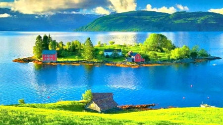 Small Island in Norway - clouds, splendor, island, norway, nature, lake, mountains, houses, cottage