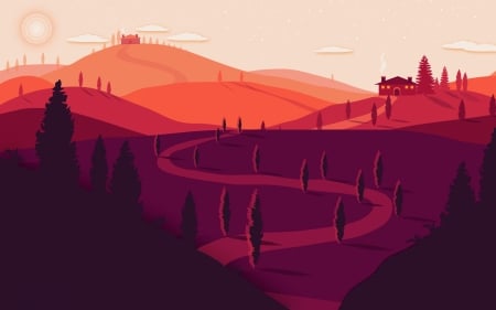 :) - red, fantasy, road, landscape, tree, vector