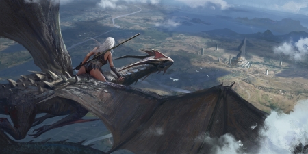 Fly - bruce zhang, art, girl, luminos, dragon, fantasy, game of thrones, daenerys