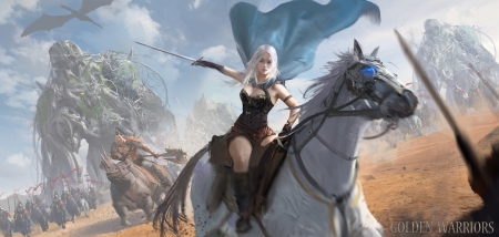 Golden warriors - bruce zhang, art, girl, horse, luminos, fantasy, daenerys