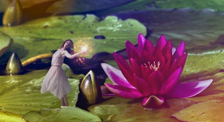 Lotus fairy - lotus, fantasy, green, girl, fairy, flower, pink, luminos