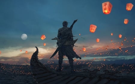 Chinese lanterns - fantasy, wlop, silhouette, man, art, luminos, lantern