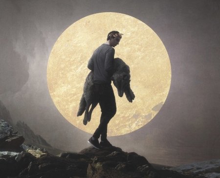 Volka - moon, silhouette, hati, lup, yuri shwedoff, wolf, man, volka, luna, fantays