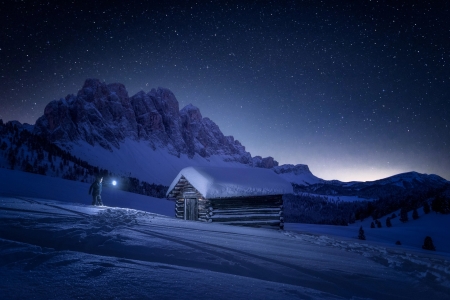 Winter cottage - fantasy, white, winter, blue, iarna, man, cottage