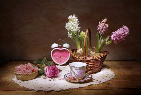 Still life - pink, clock, basket, still life, rose, cup, flower