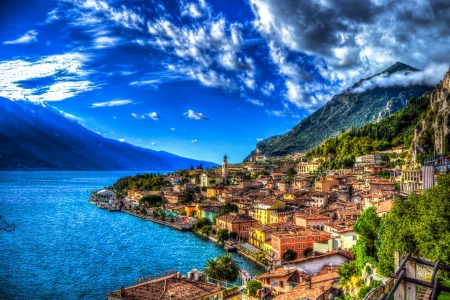 Coastal Houses,Italy - nature, ocean, houses, hills, clouds, sea, coast