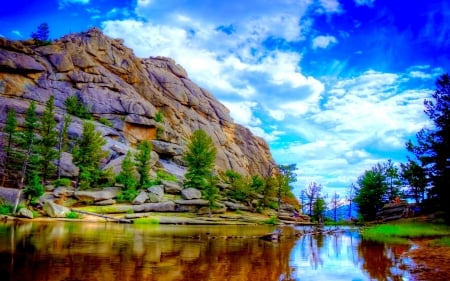 Mountain River - clouds, river, trees, nature, forest, mountains, rocks, sky