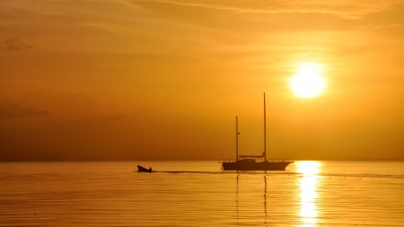 Morning glow - vara, water, summer, sailing, sunset, yellow, sea, sunrise, boat