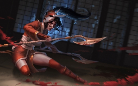 Akali - game, blue, girl, lol, frumusete, fantasy, akali, mask, red