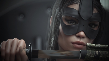 Assassin - girl, sword, assassin, black, fantasy, mask, rendering, katana, face, luminos