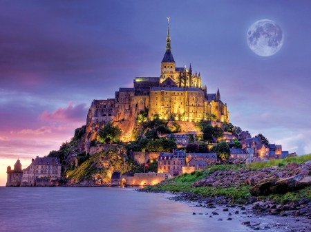 Mount Saint Michel France - moon, purple, lights, france, mount saint michel, castle, luna