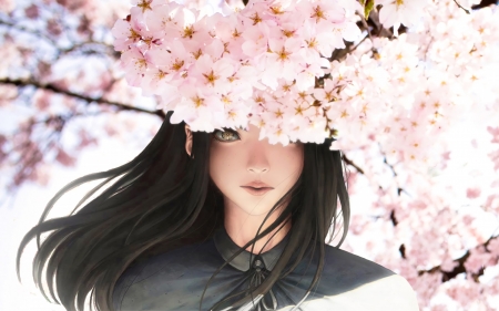 Spring - girl, sakura, pink, anime, eye, flower, spring, manga