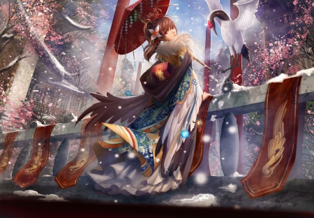 Princess - parasol, winter, frumusete, crane, fantasy, pasare, spring, bird, sakura, umbrella, luminos, anime, manga