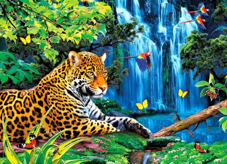 Leopard - fantasy, leopard, animal, waterfall, blue, jungle, butterfly, luminos