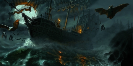 Ship - moon, bat, water, summer, ship, sea, fantays, dark, fantasy, halloween, vara, luminos, luna