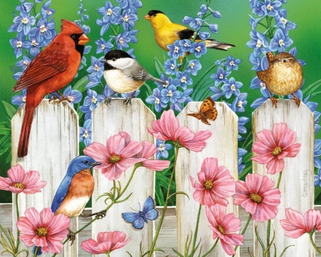 Birds and flowers - bird, summer, blue, fence, flower, pink, white, green, painting, pasare, art, vara