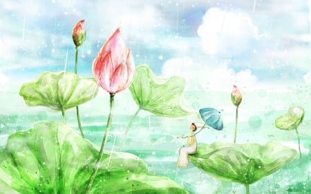 Rainy day - lotus, summer, blue, girl, vector, flower, pink, fantays, umbrella, green, rain, cloud, art, vara