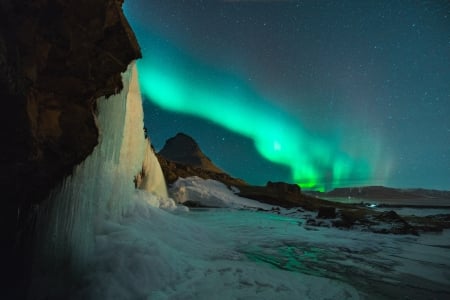 Aurora - borealis, mountain, snow, night, winter, green, aurora