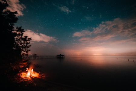 Bonfire Starry Night - bonfire, beach, fire, cloud, sea, night, ocean, sky