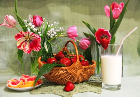 Still life - milk, strawberries, boqueut, lily of the valley, tulips, sweet, flowers, basket