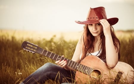 Cowgirl Serenade . . - women, style, female, guitar, cowgirl, music, hats, boots, outdoors, western, brunettes, ranch