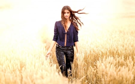 Cowgirl In A Field . . - women, fun, female, fashion, models, brunettes, western, cowgirl, style, outdoors, ranch, field