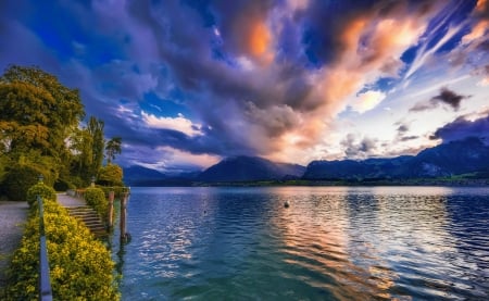 Evening sky - clouds, beautiful, evening, lake, reflection, sky