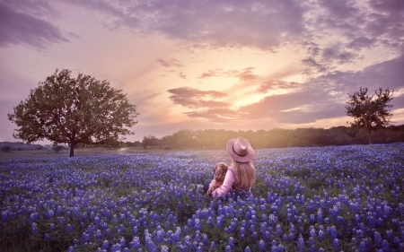 Sunset - vara, hat, girl, sunset, summer, child, field, copil, caine, dog