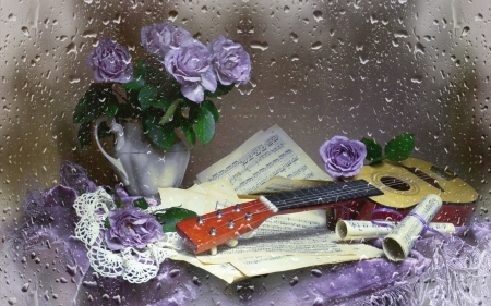 â™¥ - flower, purple, guitar, instrument, water drops, vase