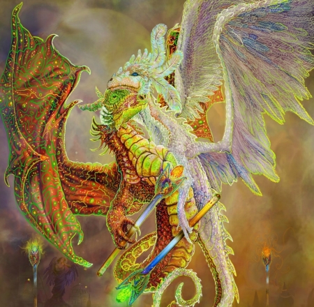 Dancers - fantasy, dragon, dancer, steve a roberts, wings, orange, art, luminos