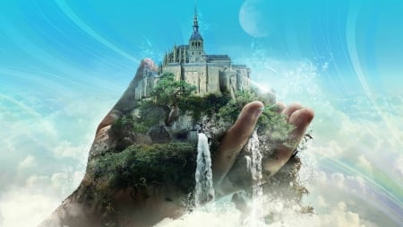 Fantasy - fantasy, water, hand, castle, blue