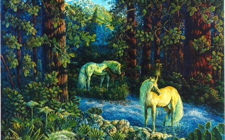 Unicorns - fantasy, steve a roberts, forest, unicorn, art, tree, luminos