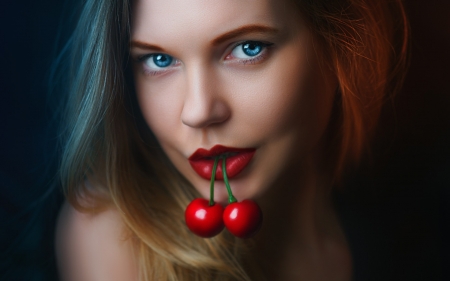 Beauty - woman, red, cherry, girl, fruit, eye, face