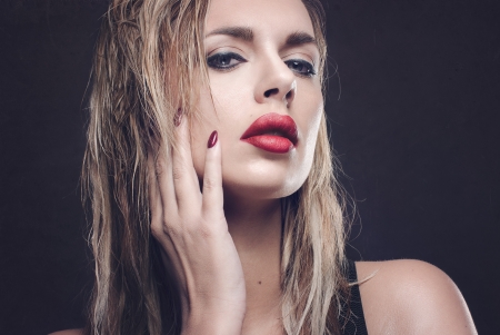 Beauty - lips, hand, woman, red, model, girl, blonde, face