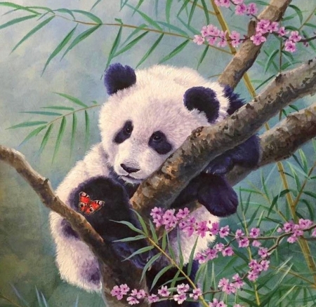 Panda cub - cub, panda, spring, flower, pink, abraham hunter, tree, bear, pictura, painting, cute, art, luminos