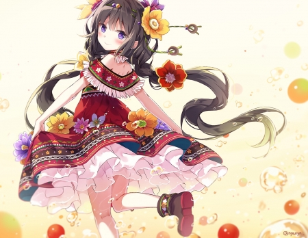 Girl - manga, anime, nyanya, red, dress, girl, flower