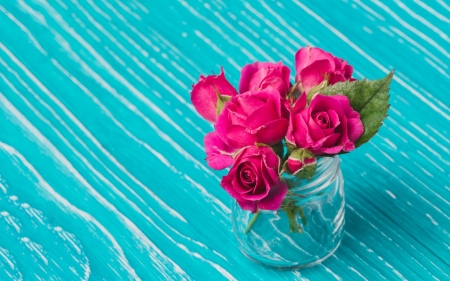 Roses - glass jar, blue, pink, rose, flower